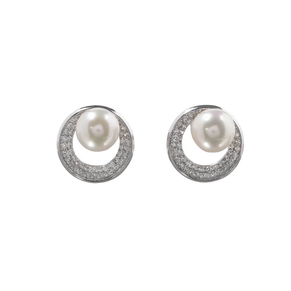 Elegant Round Pearl & Cubic Zirconia Stud Earrings, Dainty Silver Circle Earrings, Classic Bridal Jewellery  Gift for Her