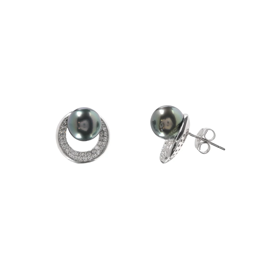 Elegant Black Pearl Stud Earrings, Silver Crystal Circle Design, Timeless Jewellery Gift for Her, Modern & Minimal Look