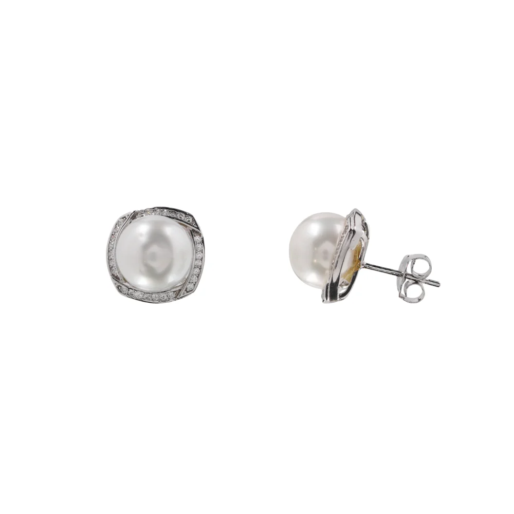 White Pearl Stud Earrings, Sterling Silver Halo Design with Crystals, Timeless Jewellery Gift For Her