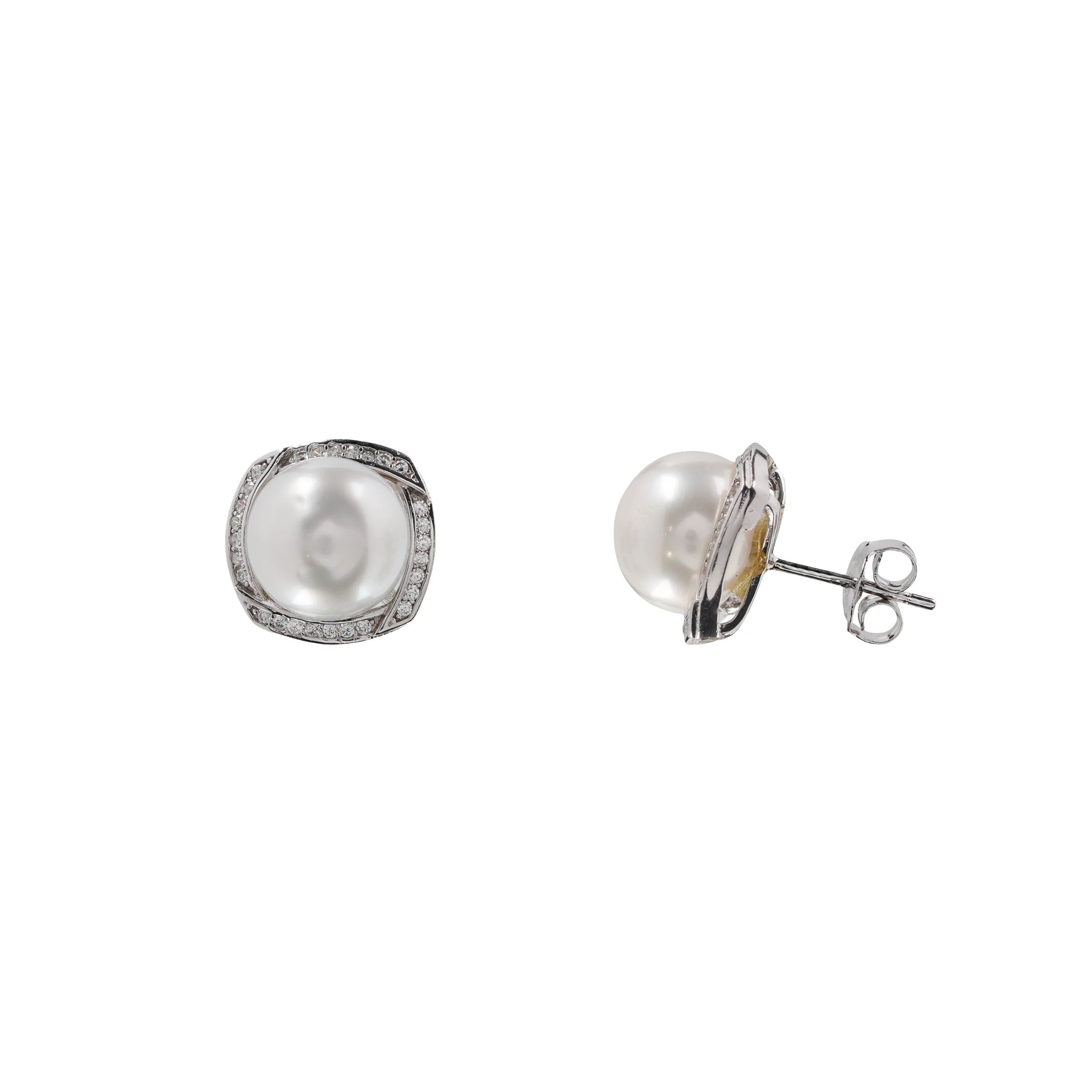 White Pearl Stud Earrings, Sterling Silver Halo Design with Crystals, Timeless Jewellery Gift For Her