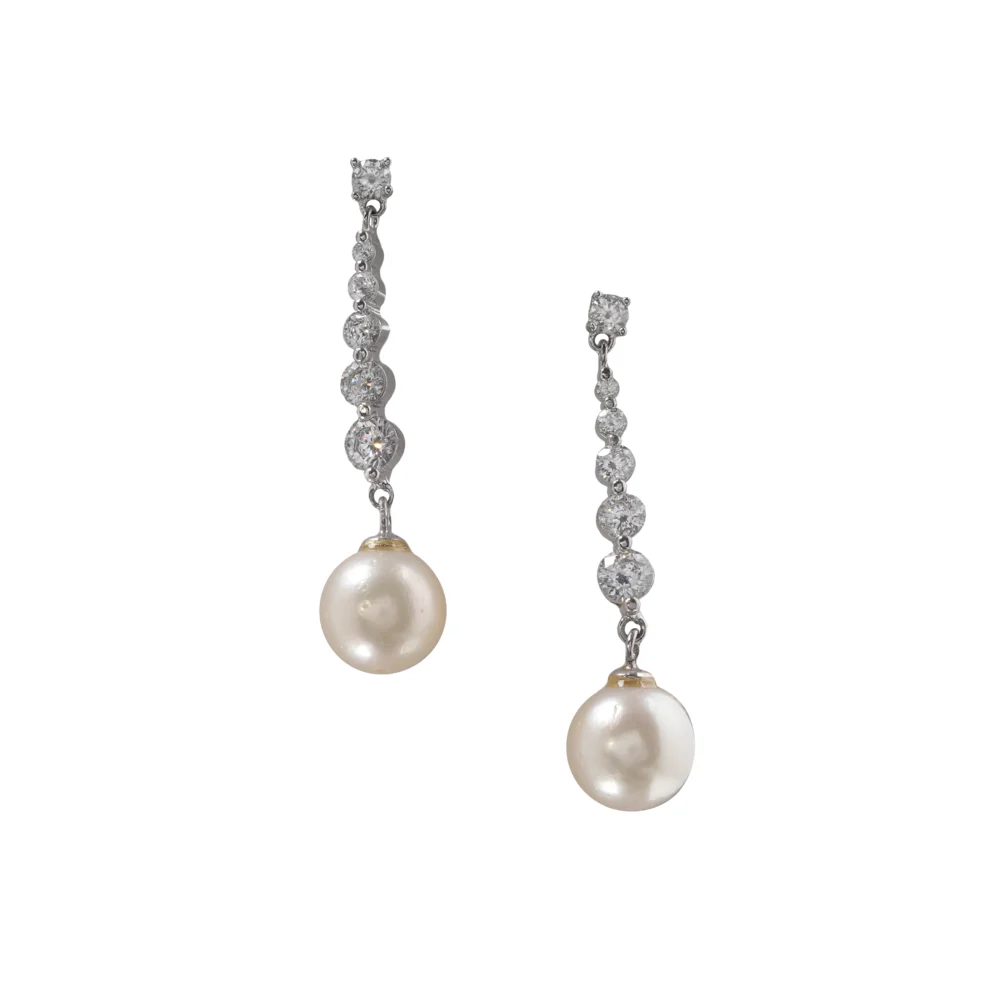 Classic Long Pearl Drop Earrings, Silver Cubic Zirconia Dangle Earrings, Timeless Bridal & Evening Jewelry for Women