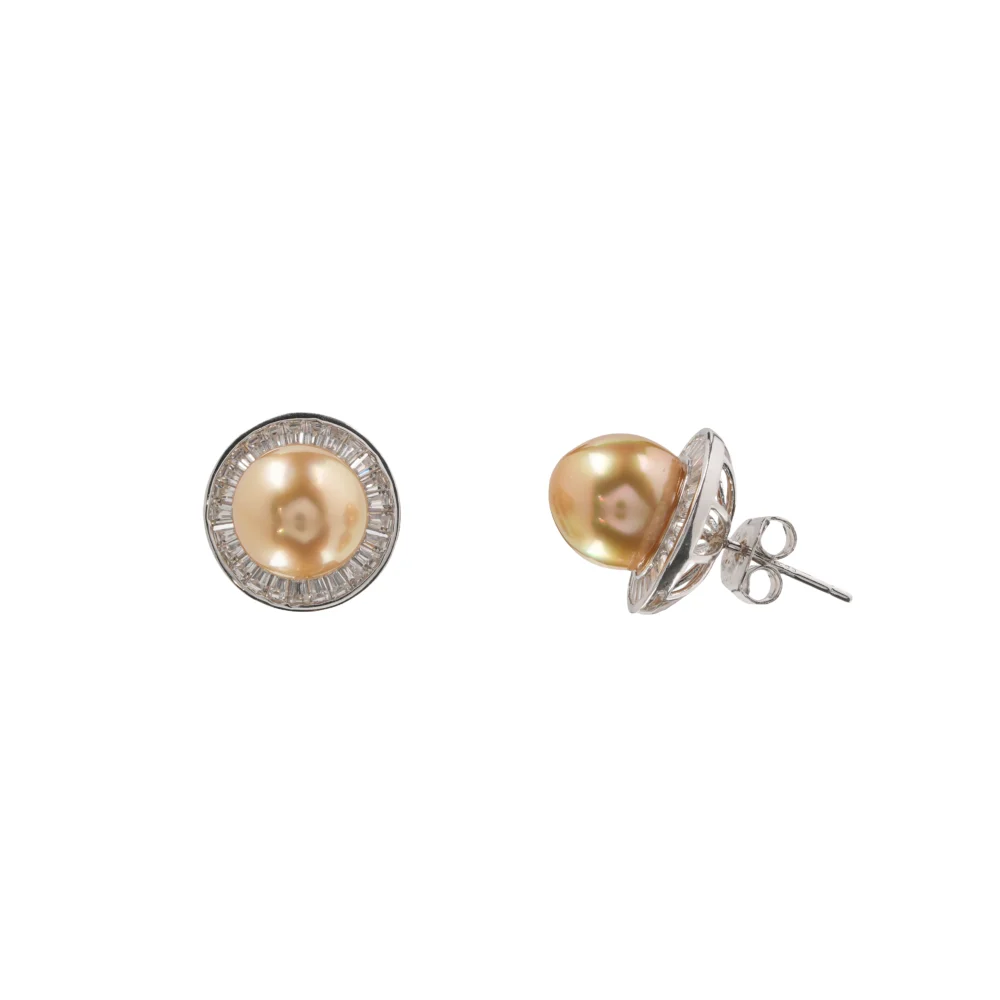 Golden South Sea Pearl Stud Earrings, Sterling Silver & Diamond Halo Design, Elegant Classic Pearl Jewelry for Women