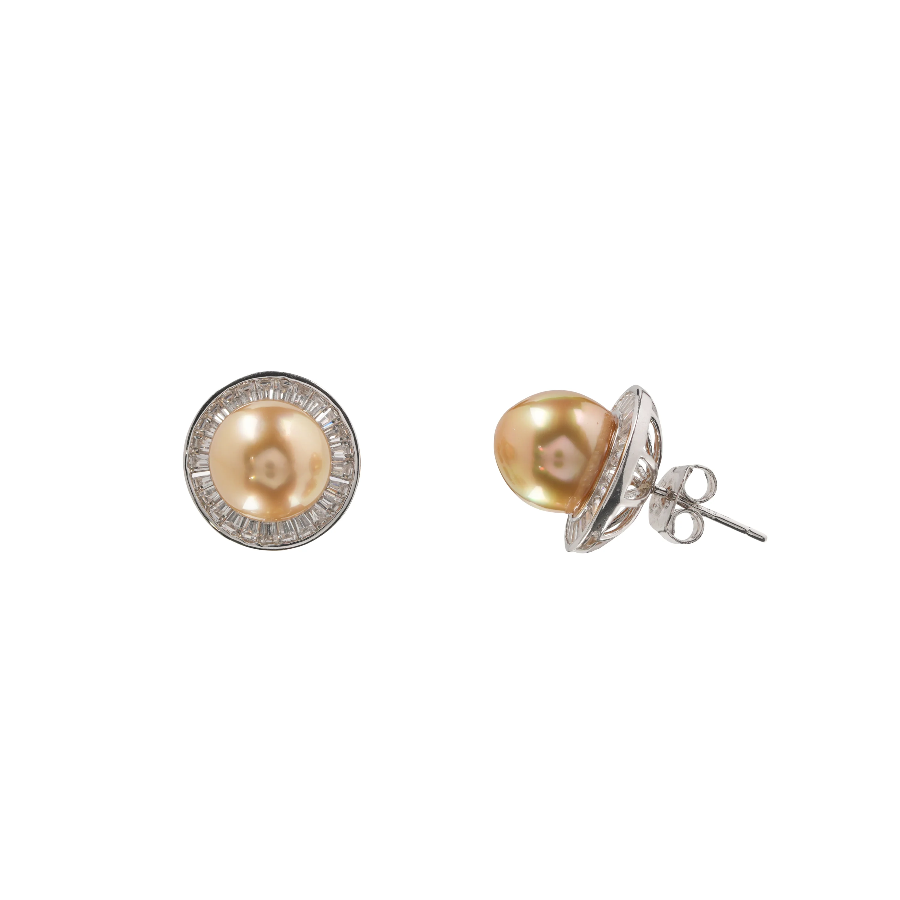 Golden South Sea Pearl Stud Earrings, Sterling Silver & Diamond Halo Design, Elegant Classic Pearl Jewelry for Women