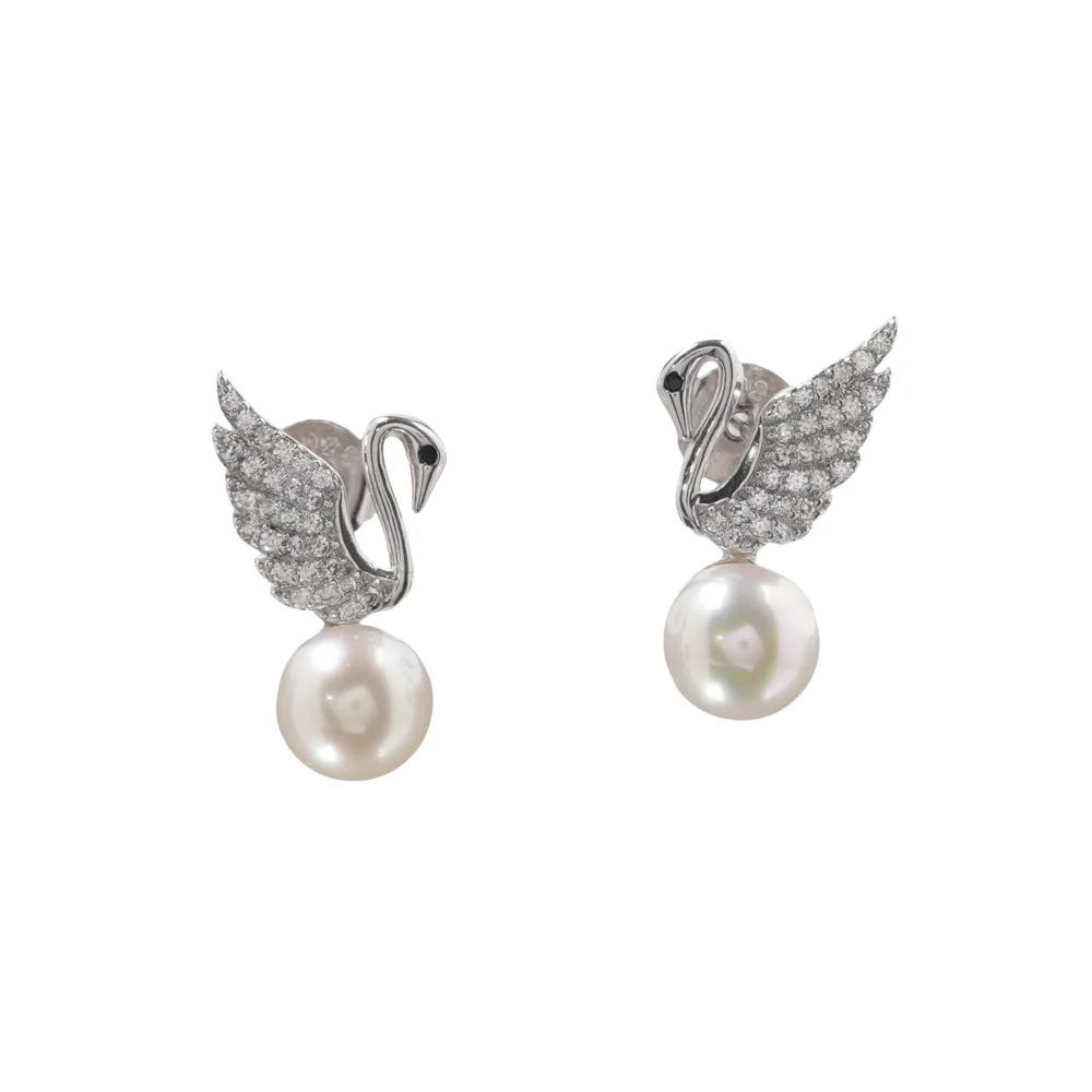 Elegant Swan Pearl Stud Earrings, Sterling Silver Swan Wing Earrings with Crystals & Freshwater Pearls, Perfect Gift for Her