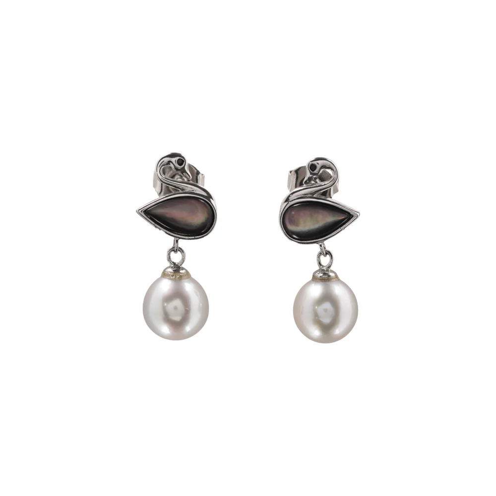 Elegant Swan Pearl Drop Earrings – Sterling Silver Bird Design with Black Mother of Pearl & White Pearl Dangle Jewelry for Women