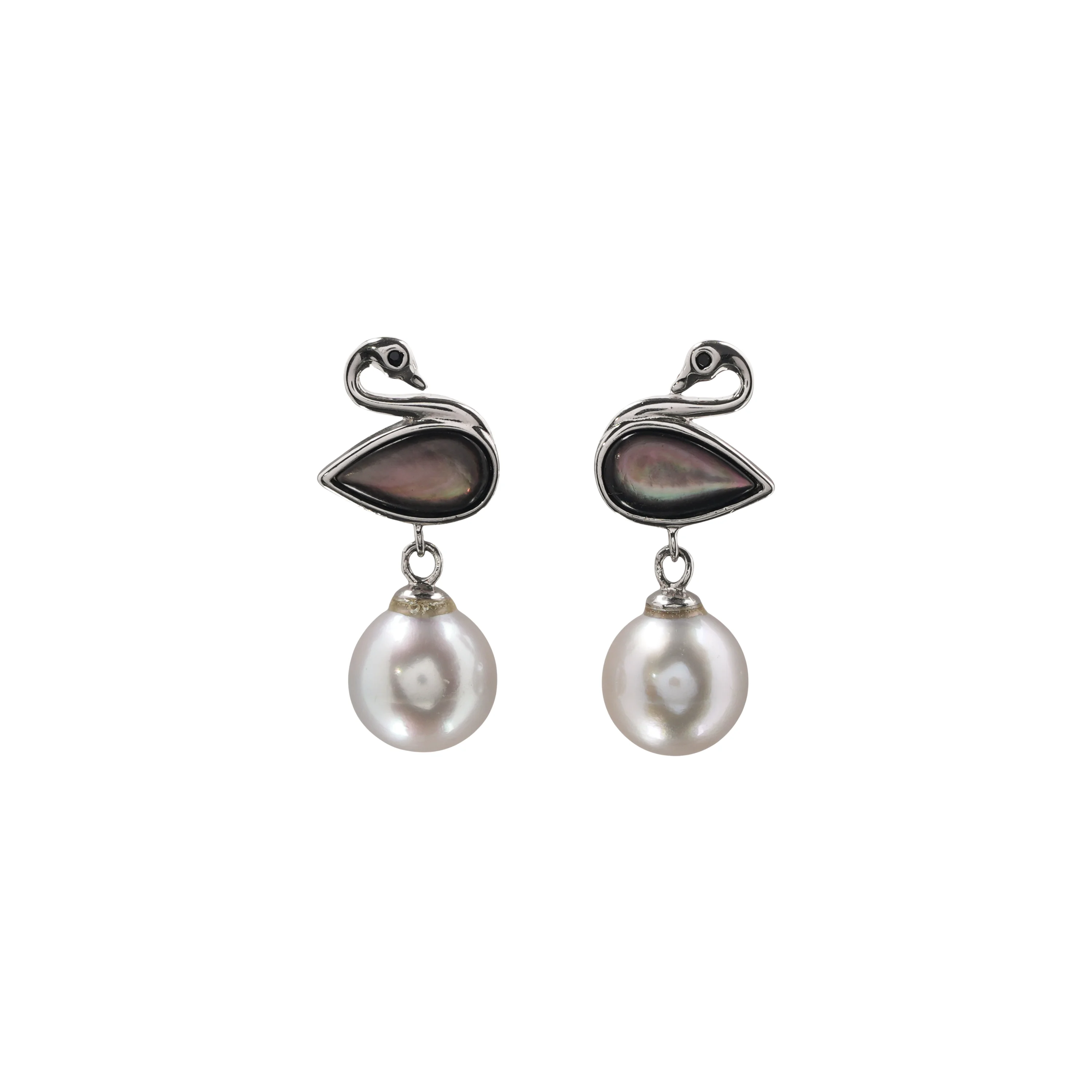 Elegant Swan Pearl Drop Earrings – Sterling Silver Bird Design with Black Mother of Pearl & White Pearl Dangle Jewelry for Women - Image 2