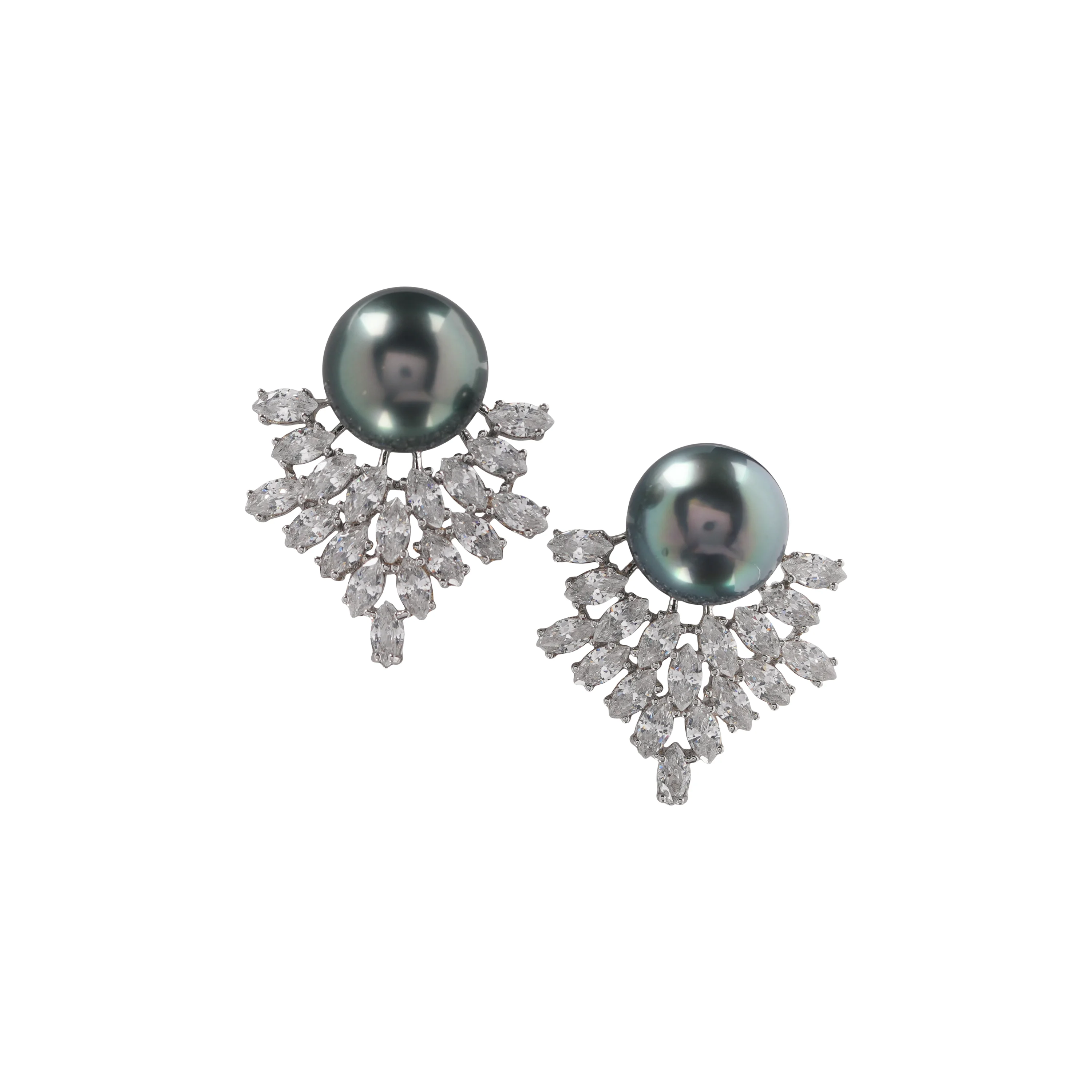 Elegant Black Pearl & Crystal Fan Earrings – Luxury Statement Studs for Weddings, Parties And Evening Glam – Timeless Designer Jewellery