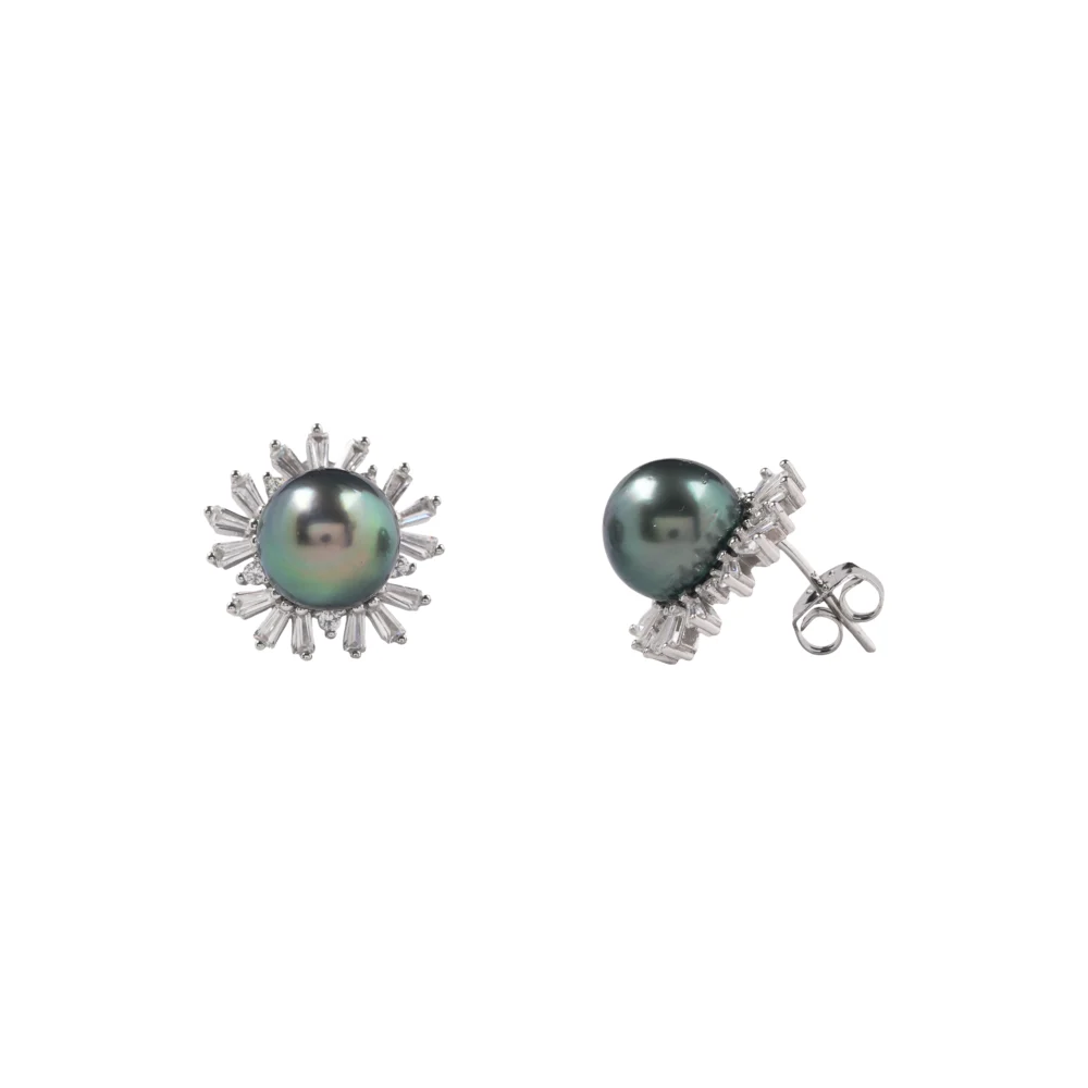 Elegant Black Pearl Sunburst Stud Earrings, Sterling Silver & Cubic Zirconia, Minimalist Bridal Jewellery Gift for Her