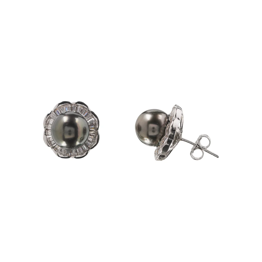 Black Pearl Stud Earrings, Floral Crystal Halo Studs, Elegant Vintage Style Jewellery, Classic Everyday Earrings, Gift for Her