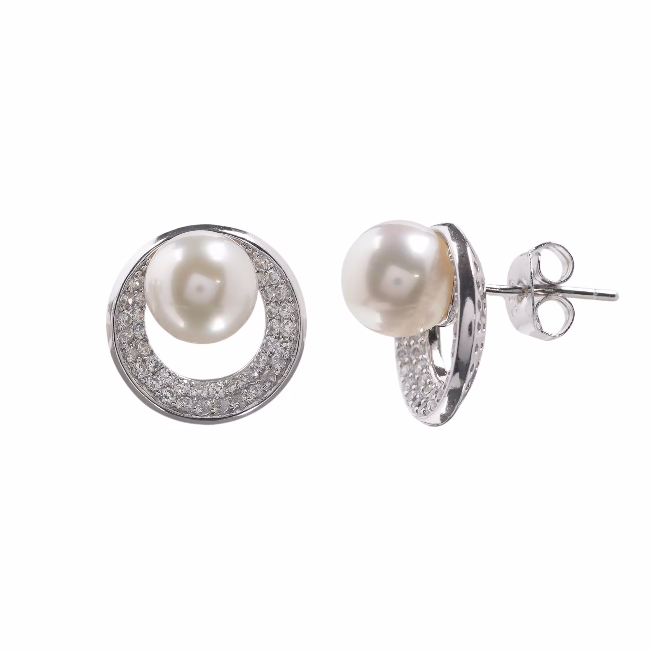 Elegant Akoya Pearl & Cubic Zirconia Stud Earrings, Dainty Silver Circle Earrings, Classic Bridal Jewellery Gift for Her - Image 2