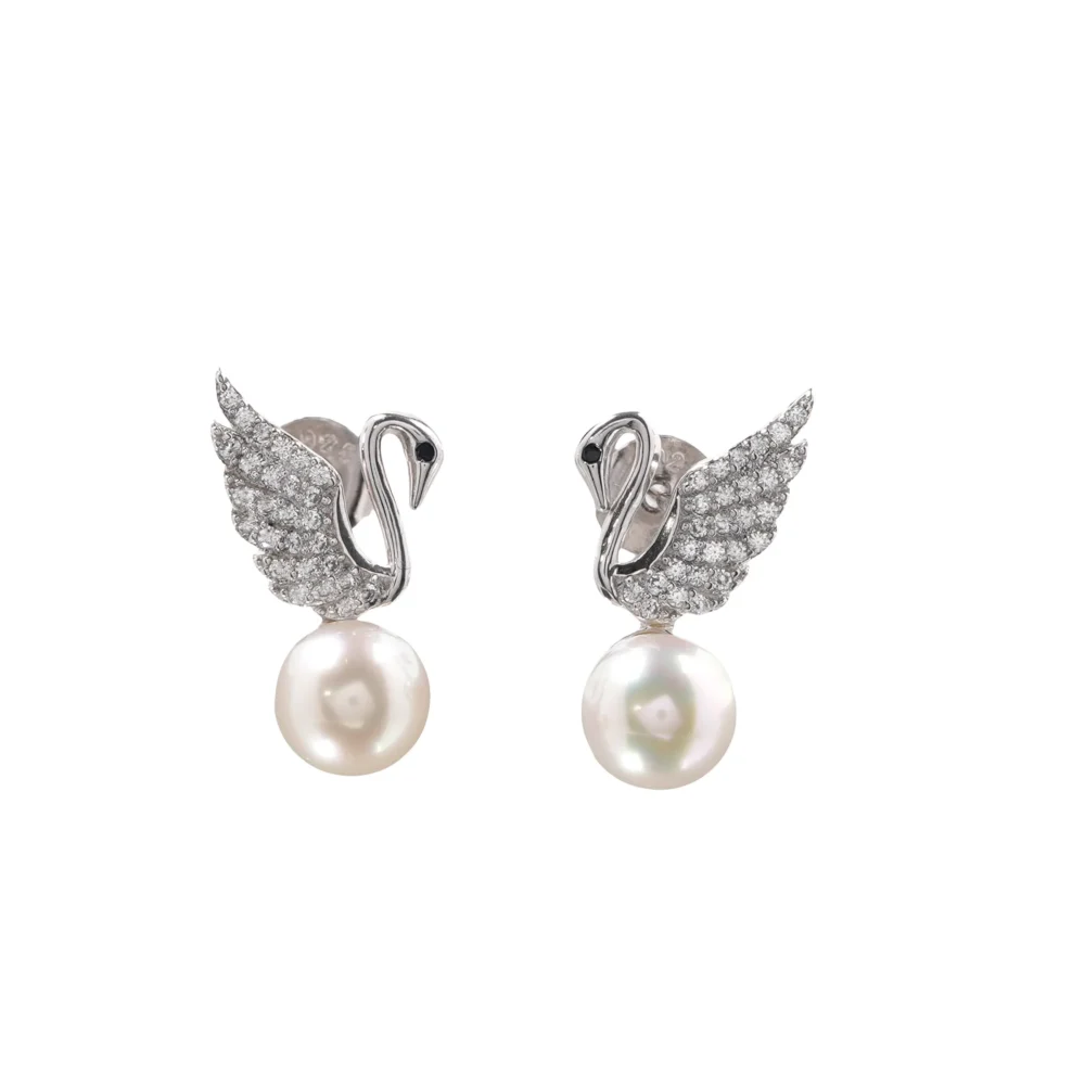 Elegant Swan Akoya Pearl Stud Earrings, Sterling Silver Swan Wing Earrings with Crystals & Freshwater Pearls, Perfect Gift for Her