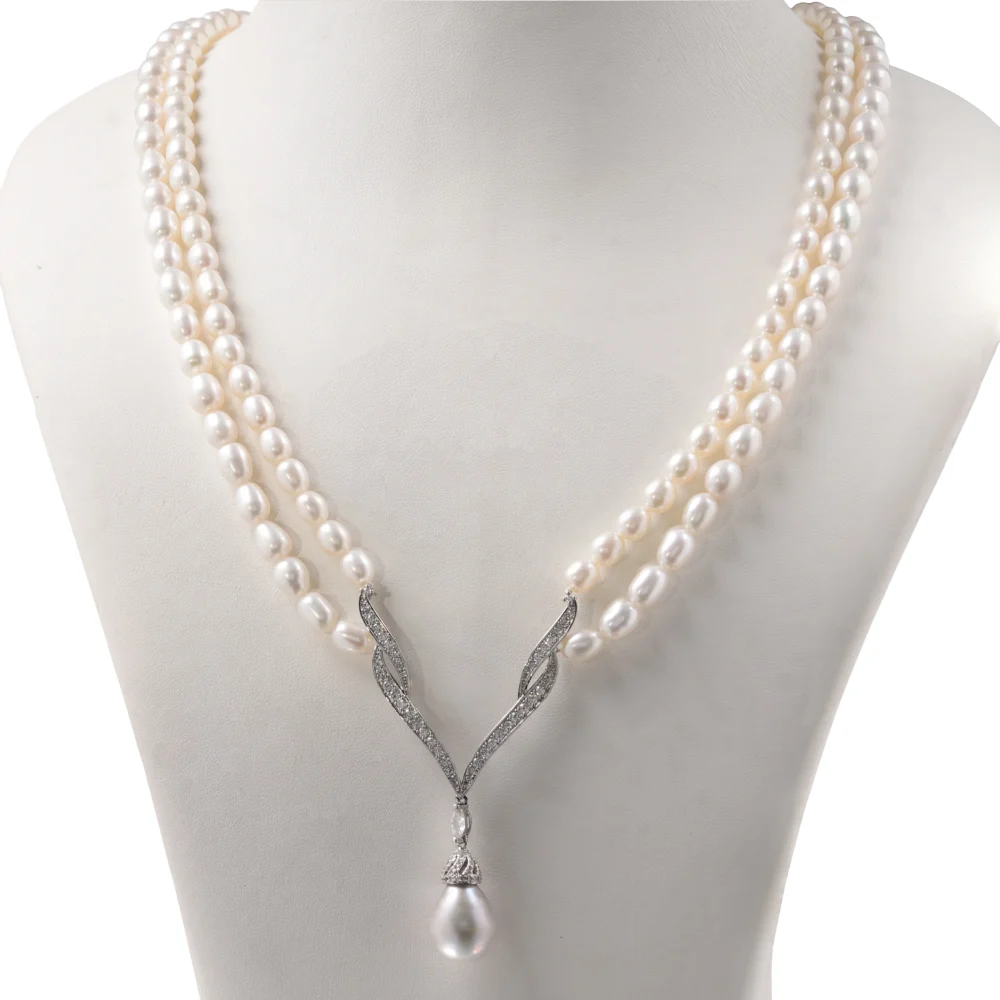 Double Strand Freshwater Pearl Necklace with Crystal Leaf Drop Pendant, Elegant Bridal Statement Jewellery, Timeless Wedding Gift