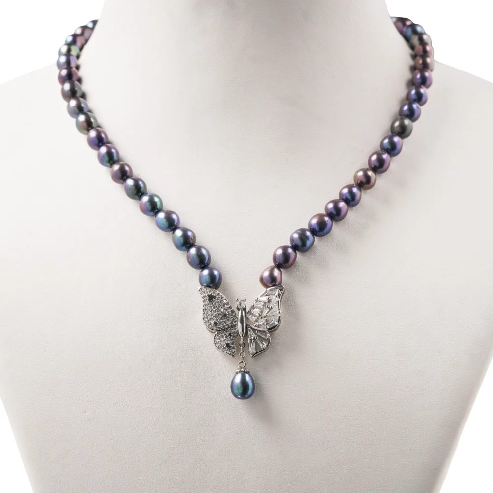 Elegant Butterfly Pendant Necklace with Iridescent Purple & Blue Pearls, Crystal Accents And Teardrop Charm, Statement Jewellery Gift