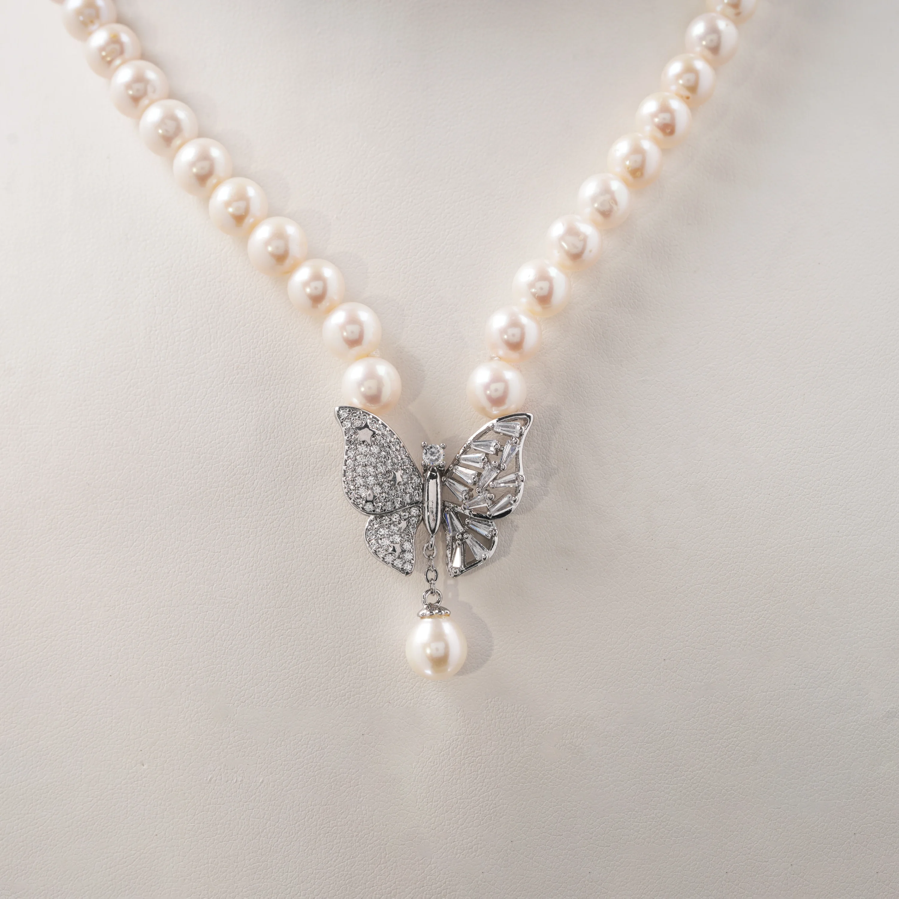 Butterfly Pearl Choker Necklace, Elegant White Pearl Strand with Crystal Butterfly Pendant, Luxury Bridal Jewellery Gift for Her - Image 7