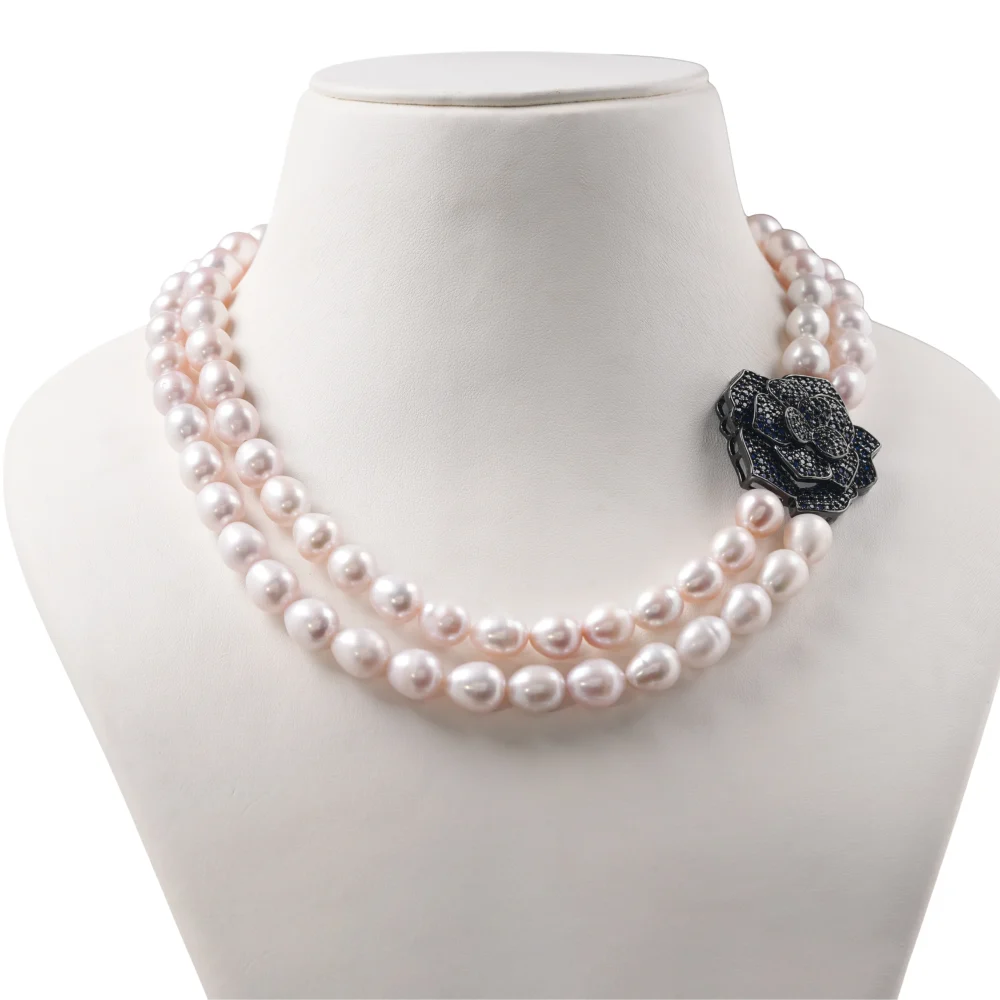 Double Strand Pearl Necklace with Black Rose Clasp, Elegant Statement Jewellery, Classic Bridal & Evening Wear Necklace