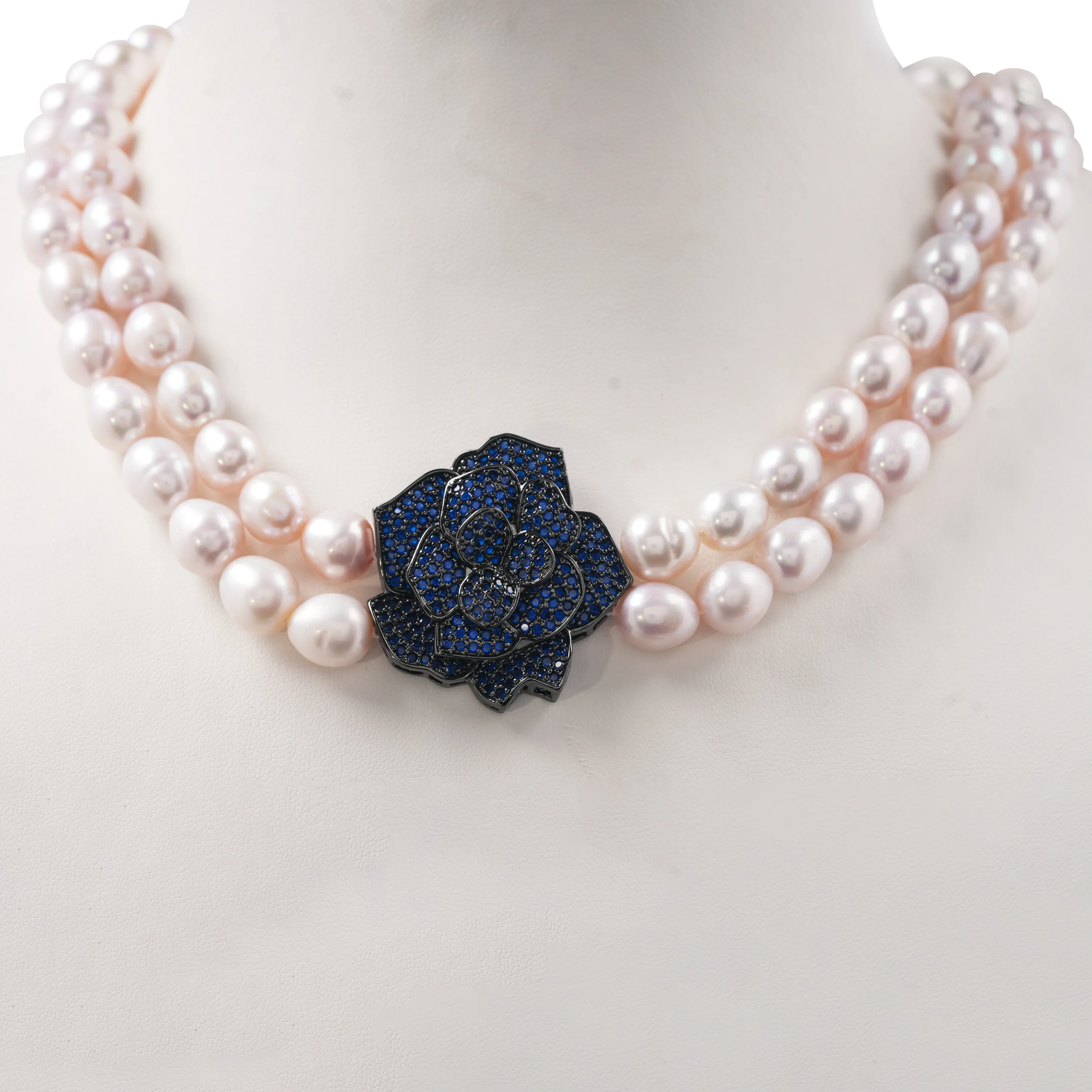 Double Strand Pearl Necklace with Black Rose Clasp, Elegant Statement Jewellery, Classic Bridal & Evening Wear Necklace - Image 7