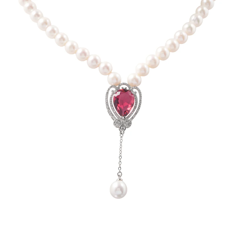 Seawater Pearl Necklace with Heart-Shaped Pink Crystal Center & Dangling Pearl Drop – Elegant Bridal Statement Jewellery Gift