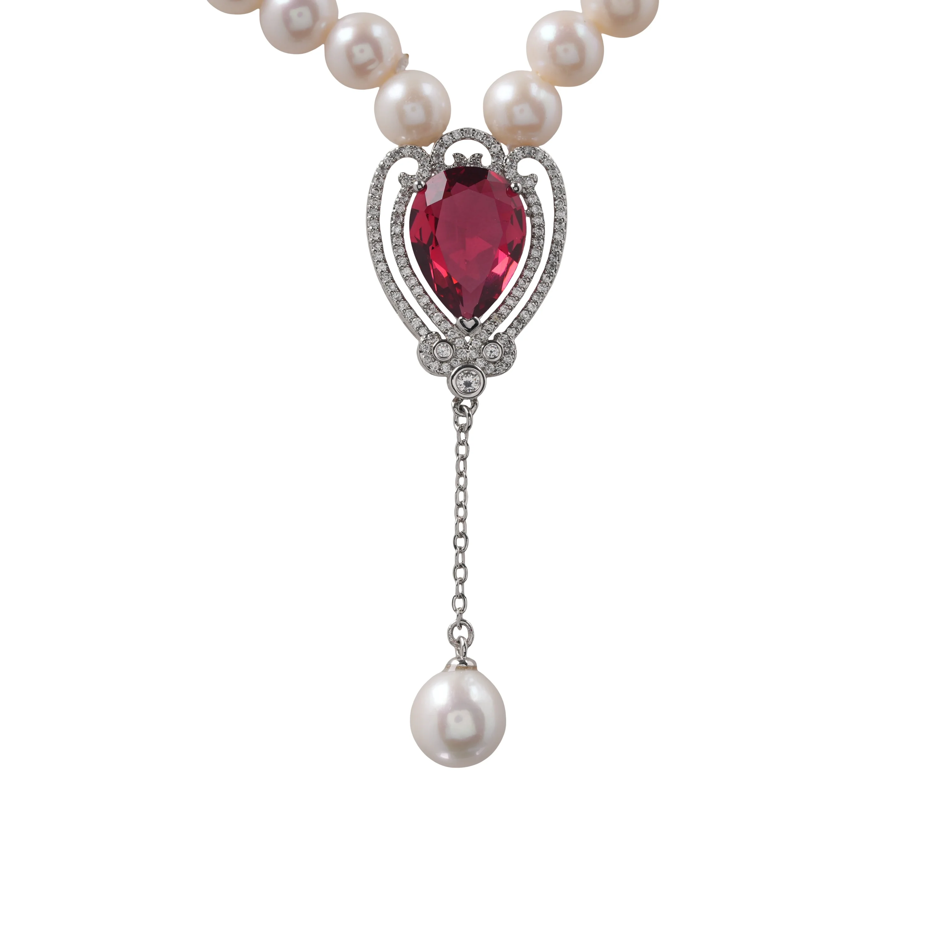 Seawater Pearl Necklace with Heart-Shaped Pink Crystal Center & Dangling Pearl Drop – Elegant Bridal Statement Jewellery Gift - Image 8