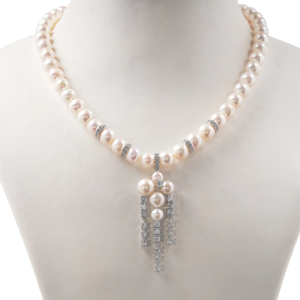 Elegant Freshwater Pearl Necklace with Crystal Accent Beads & Cascading Dangle Pendant, Timeless Bridal, Party And Anniversary Jewellery