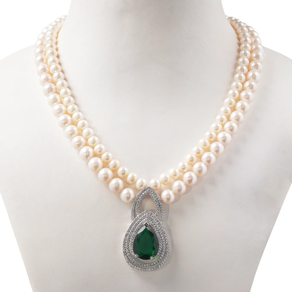 Elegant Double Strand Pearl Necklace with Green Teardrop Pendant, Bridal Jewellery, Classic Pearl Choker for Women