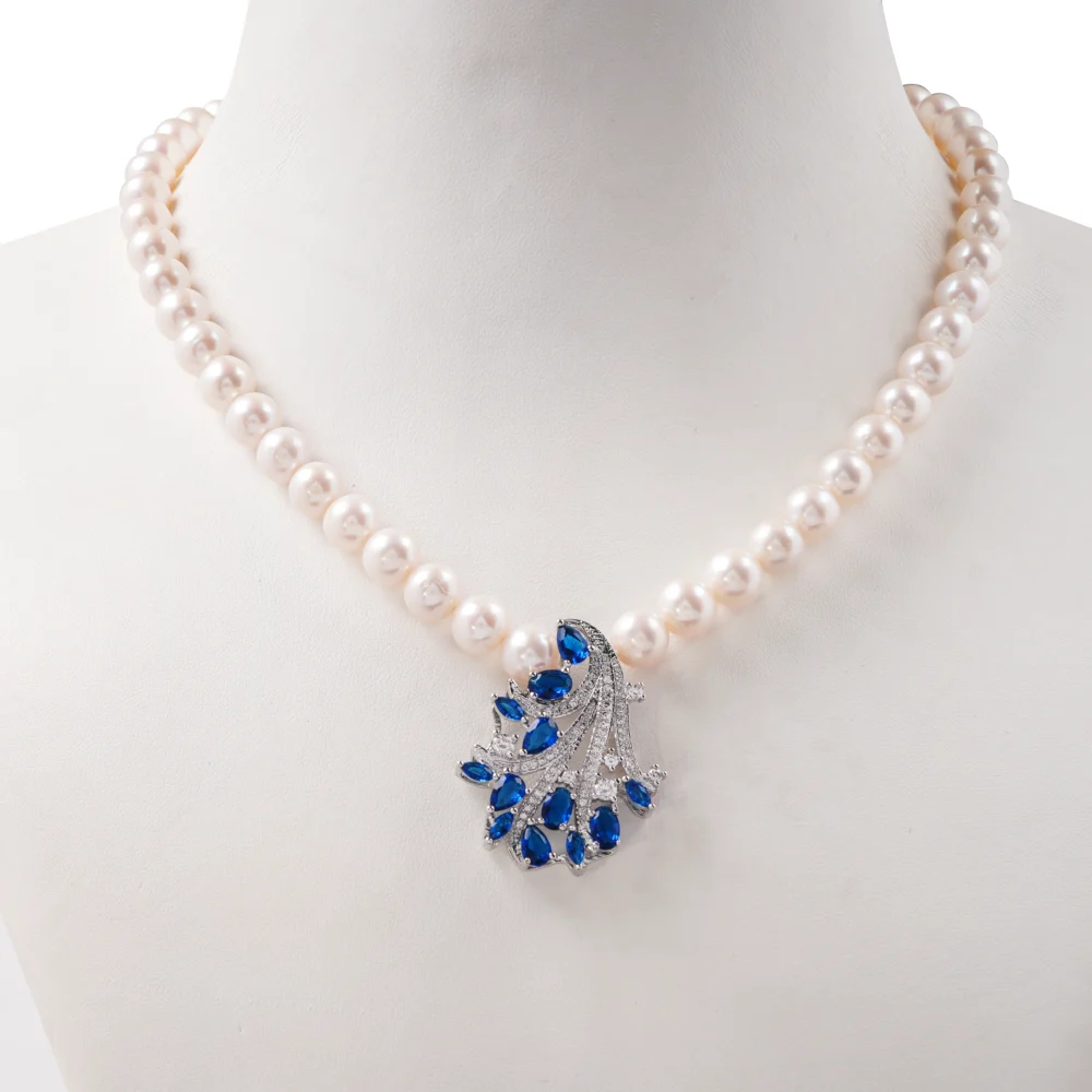 Elegant White Pearl Necklace with Sapphire Blue Crystal Pendant, Classic Bridal Jewellery, Statement Pearl Choker Gift for Her
