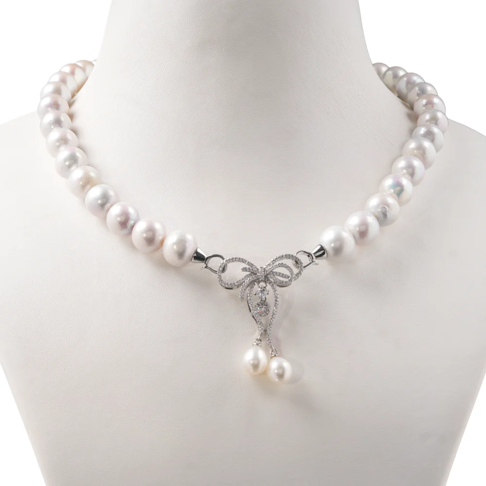 White Pearl Necklace with Bow Pendant and Drop Pearls, Elegant Bridal Choker, Classic Wedding Jewellery Gift for Her