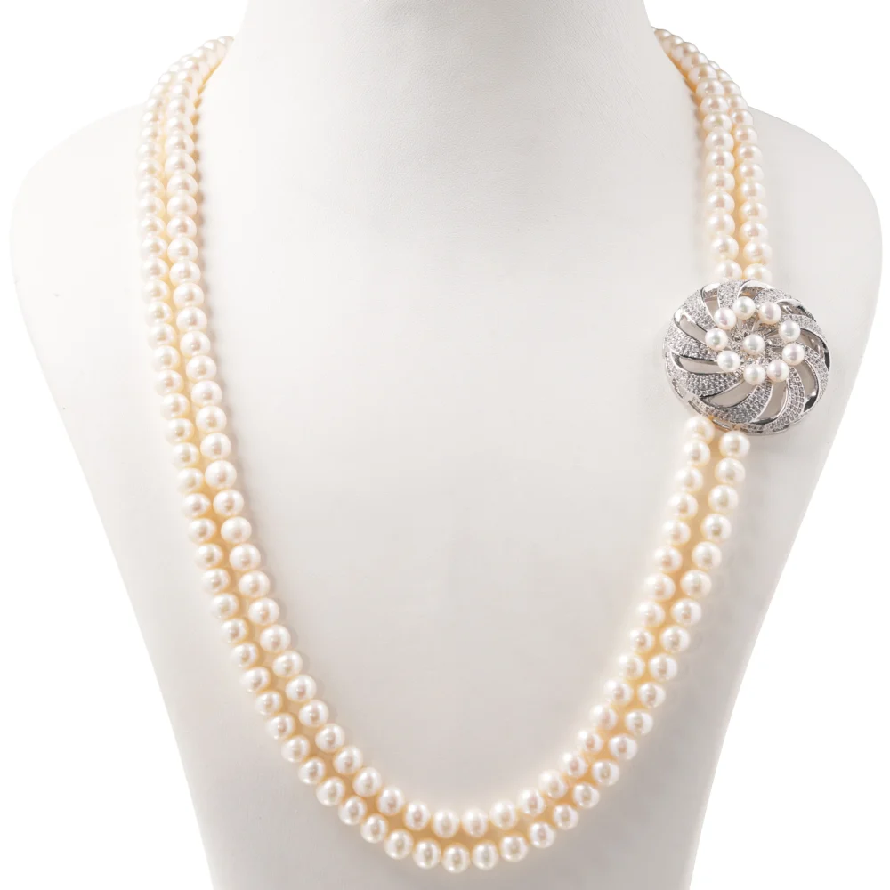Double Strand White Pearl Necklace with Vintage Crystal Clasp, Classic Bridal Jewellery, Elegant Pearl Beaded Necklace Gift for Her