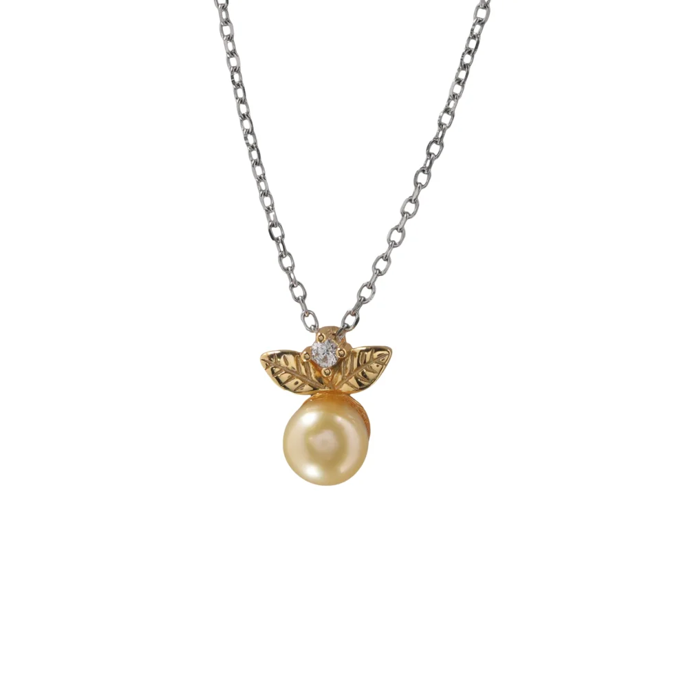 Golden Pearl Pendant Necklace, Sterling Silver Chain with Leaf Design & Crystal Accent, Elegant Jewellery Gift for Her