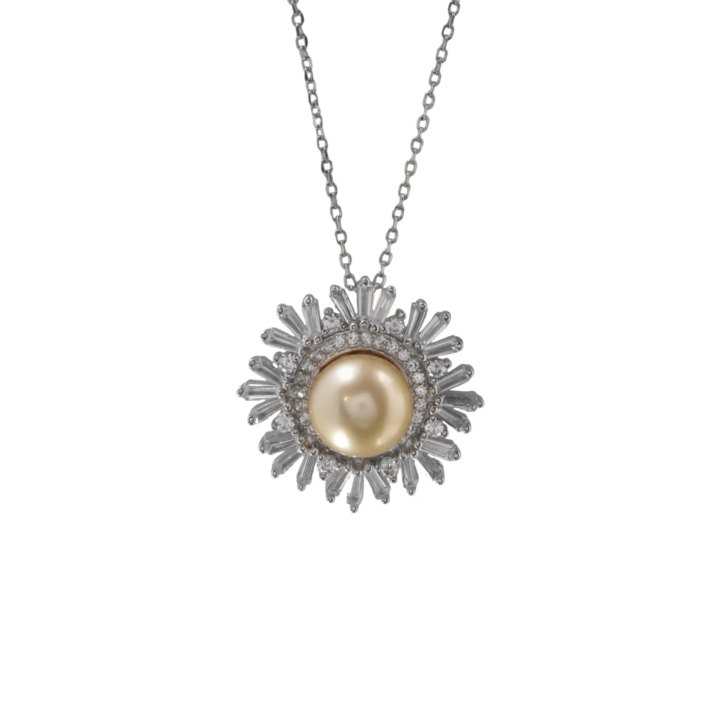 Golden Pearl Sunburst Pendant Necklace, Sterling Silver with Crystal Accents, Elegant Statement Jewellery Gift for Women