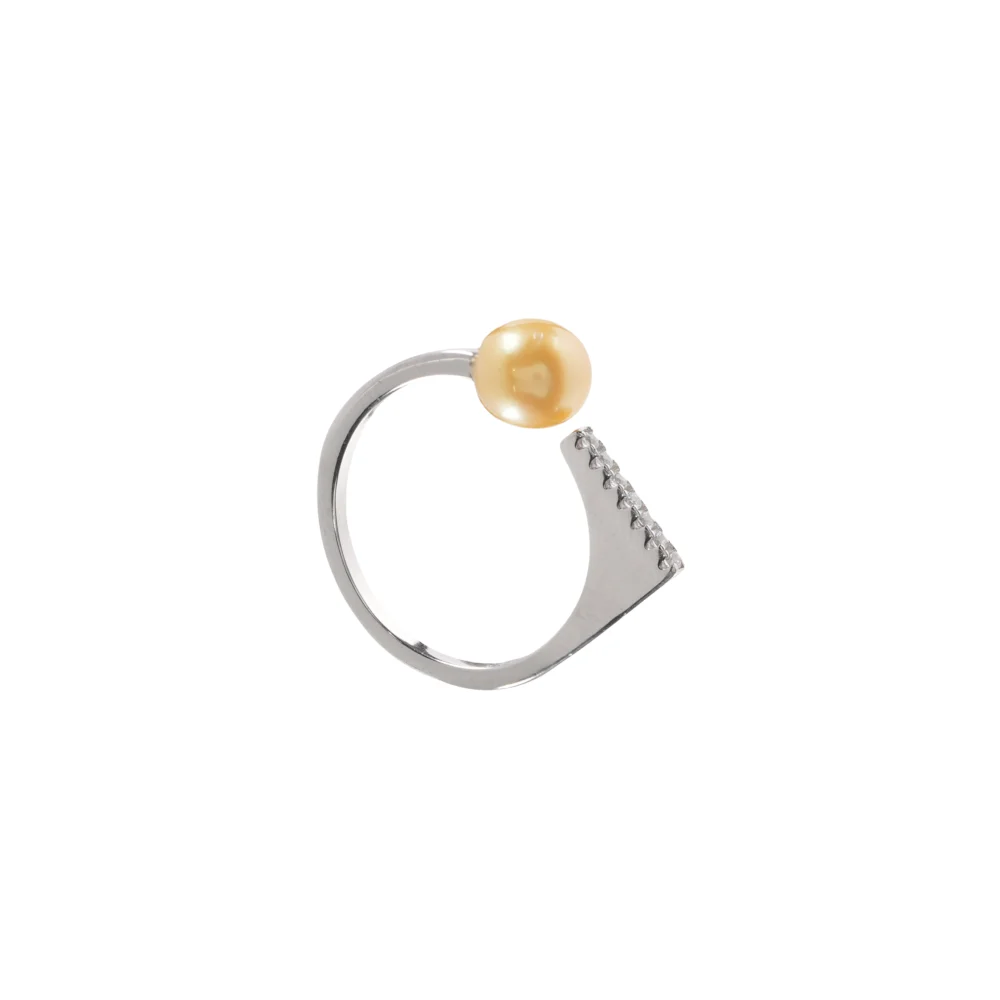 Contemporary Statement Jewelry for Women, A Modern Sterling Silver Ring with Golden Pearl and CZ Accents.