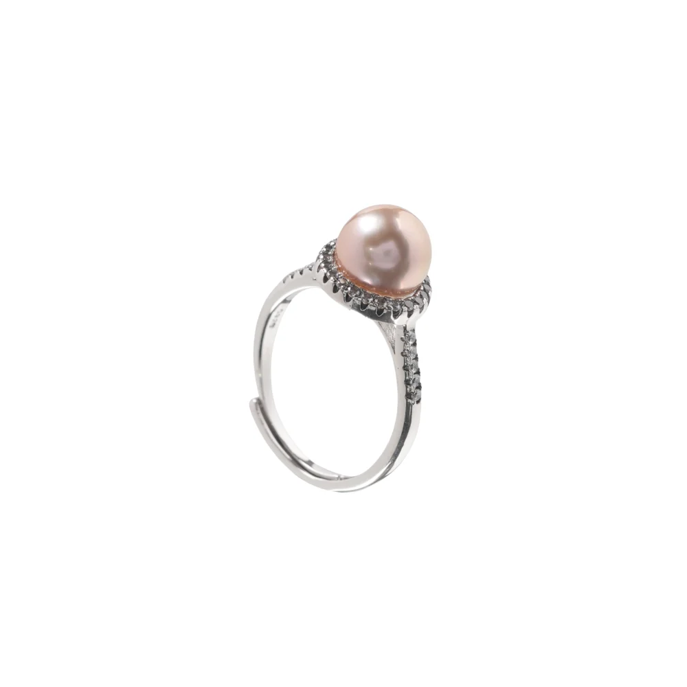 Sterling Silver Pink Pearl Halo Ring with Cubic Zirconia . Dainty Elegant Jewelry for Weddings, Anniversaries & Special Occasions