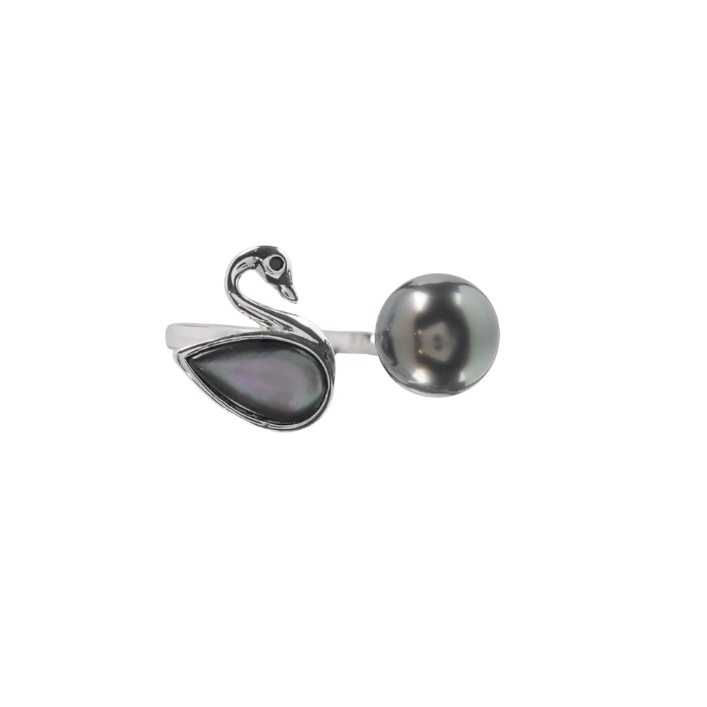 Swan Design Sterling Silver Black Pearl Ring ? Unique Animal Jewelry Gift for Nature & Bird Lovers