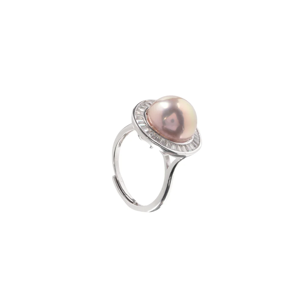 Luxury Pink Pearl and Cubic Zirconia Ring, Modern Halo Design for Special Occasions.