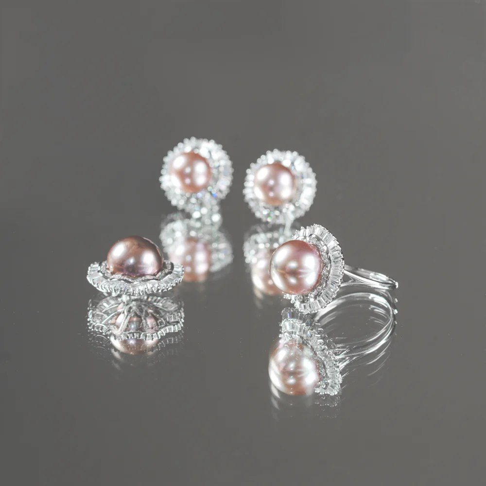 Elegant Pink Pearl Jewellery Set- Earrings, Ring & Pendant Necklace with Crystal Halo, Classic Bridal And Anniversary Gift for Her