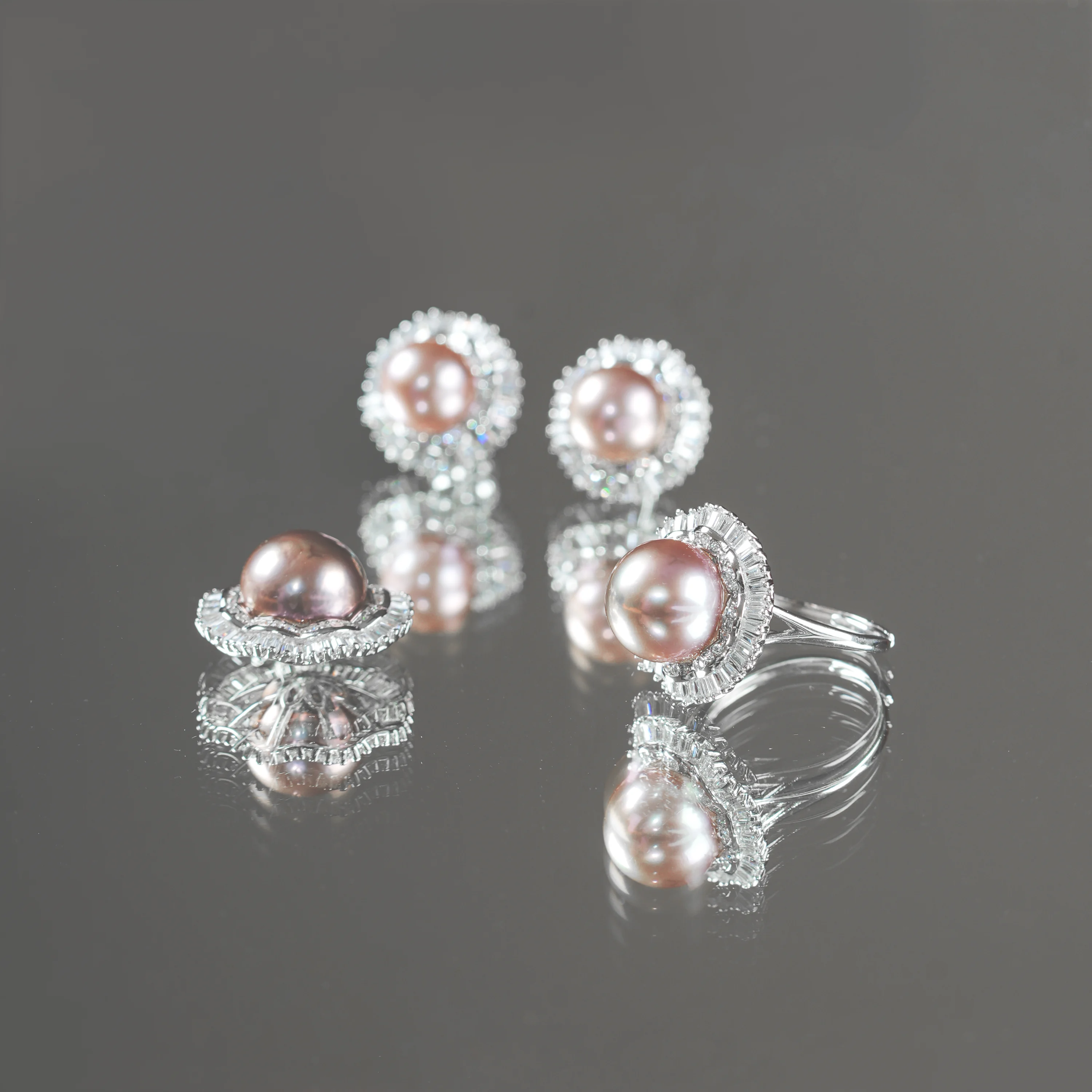 Elegant Pink Pearl Jewellery Set- Earrings, Ring & Pendant Necklace with Crystal Halo, Classic Bridal And Anniversary Gift for Her