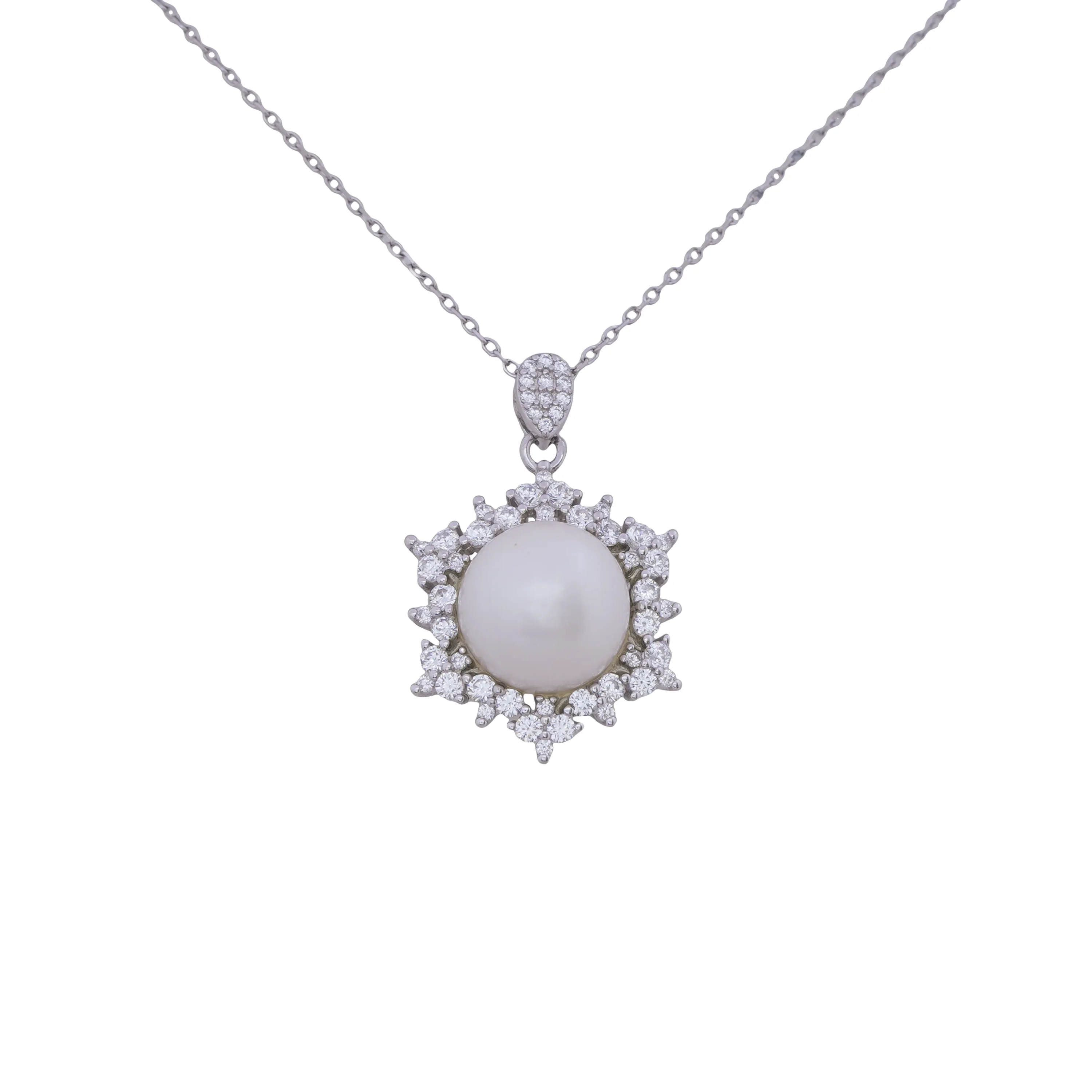 Elegant Pearl Jewellery Set, Sterling Silver Necklace, Earrings & Ring with Sparkling CZ Halo, Bridal And Anniversary Gift