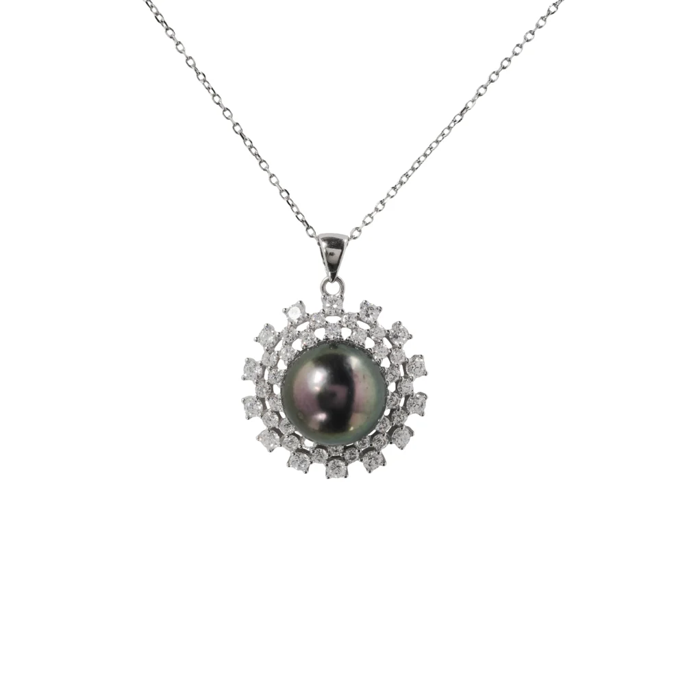 Black Pearl Jewellery Set ? Sterling Silver Necklace, Earrings & Ring with CZ Halo, Elegant Bridal, Wedding And Anniversary Gift
