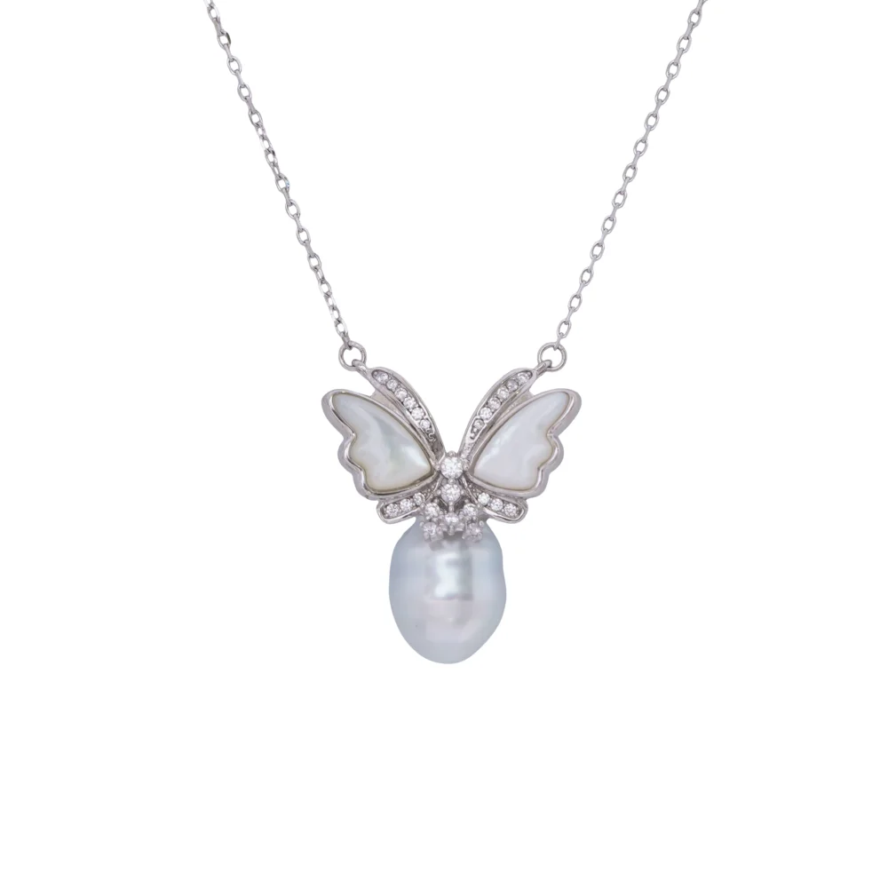 Butterfly Pearl Jewellery Set, Sterling Silver Necklace & Earrings with CZ Accents, Elegant Bridal, Wedding And Anniversary Gift