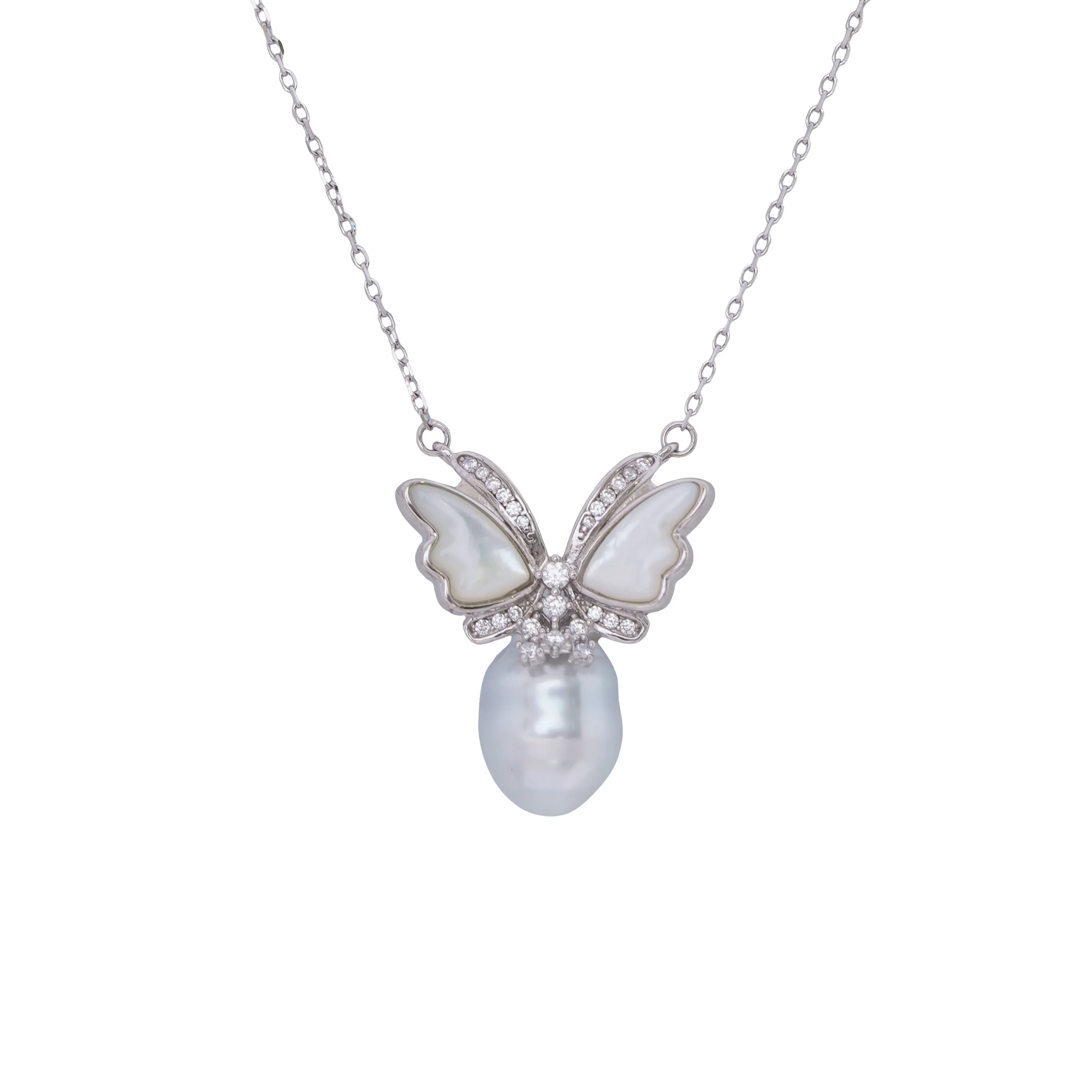 Butterfly Pearl Jewellery Set, Sterling Silver Necklace & Earrings with CZ Accents, Elegant Bridal, Wedding And Anniversary Gift